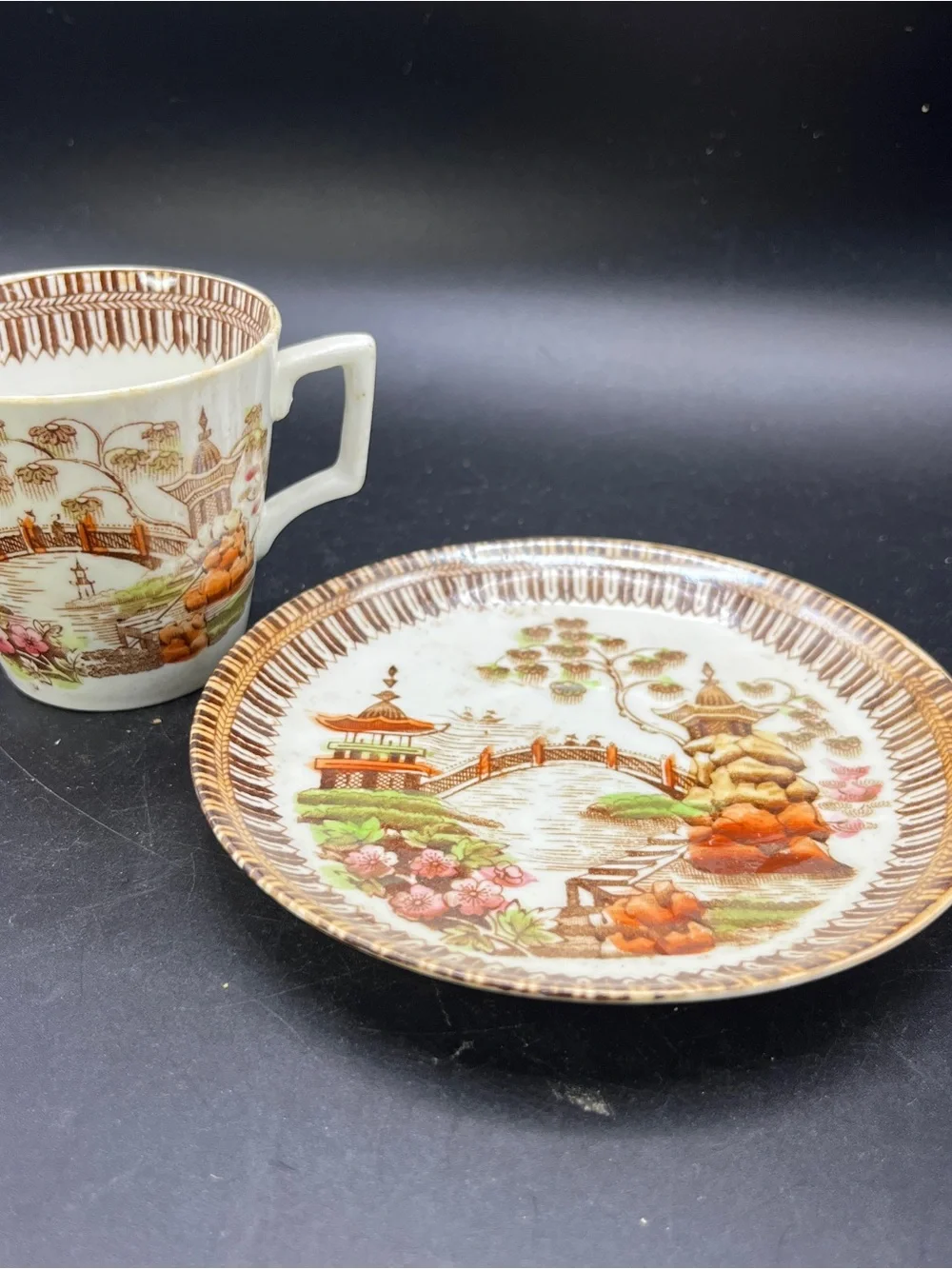 Antique 1885 English Brown Willow Teacup Saucer Set Rd 24403 Victorian